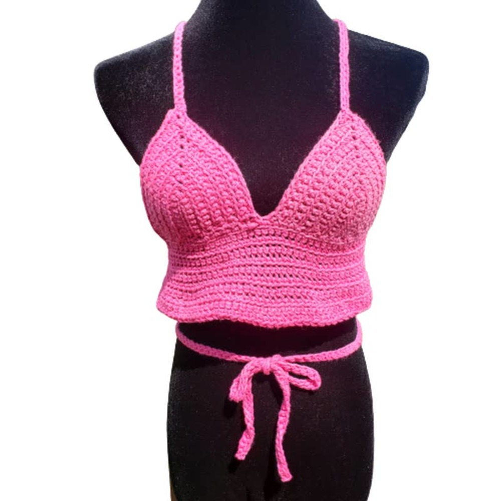 Crop Top BARBIECORE PINK Crochet Festival Cotton B CUP Adjustable Size